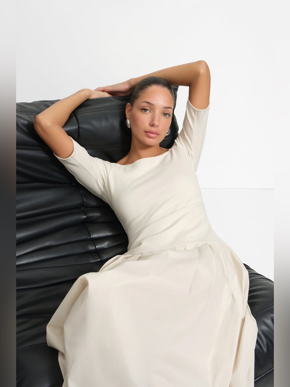 NWT Marcella Mila Dress L Cream Ponte Cotton Midi Fit Flare Pockets - Picture 4 of 15